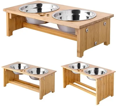 Pet Bowls for Cats and Dogs, Bamboo Elevated Dog Cat Food Bowls Stand Feeder with 2 Stainless Steel Bowls