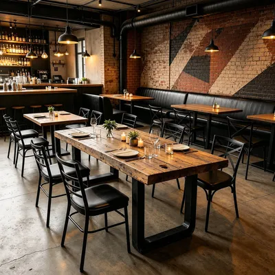Modern Bar Counter Dining Restaurant Rectangle Wooden Table Booth Furniture Classic Industrial Cafe Coffee Shop Matte Black Metal Tables and Chairs Furniture