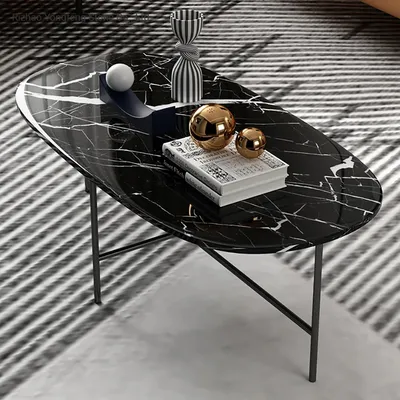 Black Oval Marble Coffee Table with Stainless Steel Legs