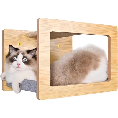 Handmade Solid Wood Wall-Mounted Cat Climbing Frame Indoor Square Cat Wall with Cat Bed
