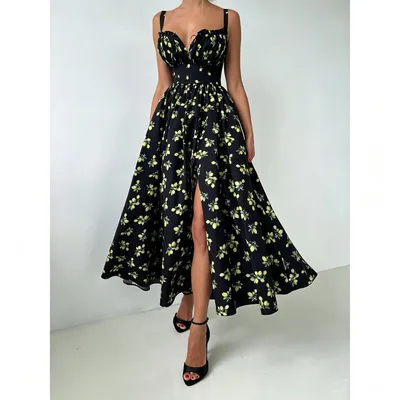 Black Lemon Print Spaghetti Strap Split High Waist Summer Maxi Dress