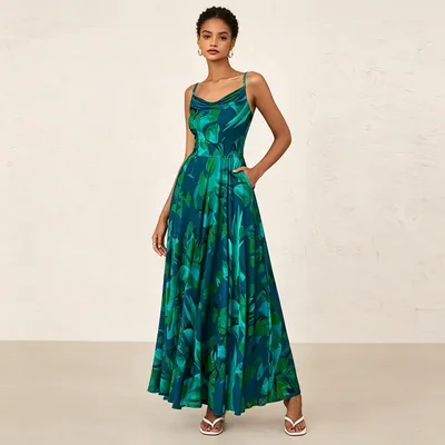 Teal Green Leaf Print Spaghetti Strap Cowl Neck High Waist A Line Maxi Slip Dress