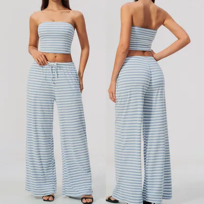 Women 2 Piece Striped Workout Set, Strapless Bandeau Tube Top with Removable Pads & Drawstring Wide Leg Pants