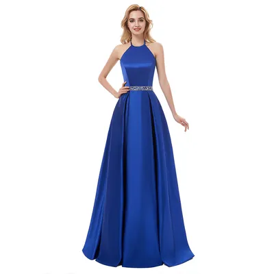 Deep Blue A-Line Party Evening Dress with Diamond on Waist for Princess