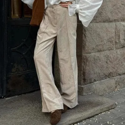 Women Designer Clothing Vertical Striped Corduroy High Waist Wide Leg Casual Trousers