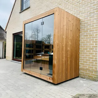 Triunity Commercial 4-Person Outdoor Square Sauna - Modular Prefab Dry Heat Wooden Cabin for Forest Retreat Project