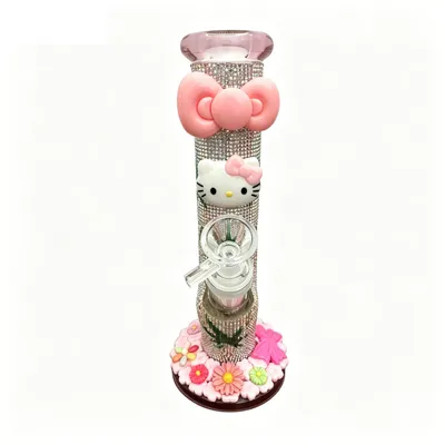8" Hello Kitty Straight Tube Glass Pipe Decorated Tube Water Pipe with Rhinestones
