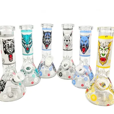 Colorful Wolf Graphic Glass Water Pipe Beaker Pipe Assortment Glass Smoking Pipe
