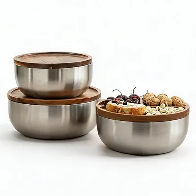 Wholesale Stainless Steel Salad Bowl with Wooden Fruit Lid Reusable Food Storage Container