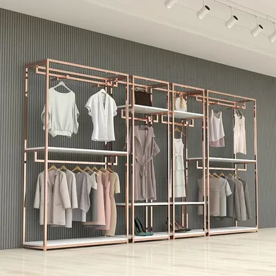 High-End Gold Stainless Steel Double Rail Clothing Rack Stable Structure for Luxury Retail