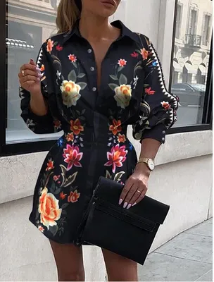 Fashion D Foral Printed Slim Sexy V-Neck Bishop Sleeve Shirt Dress