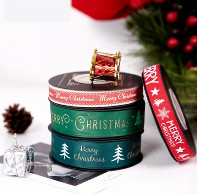 Merry Christmas Snowflake Print Grosgrain Ribbon for Gift Box Packaging and Decoration