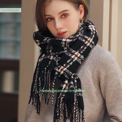 Elegant Cashmere Plaid Scarf Soft Fashion Winter Lady Shawl with Tassel