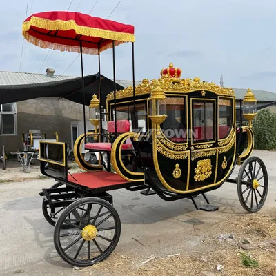 Black Gold Crown Top Electric Horse Carriage with Red Canopy for Wedding