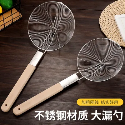 Wooden Handle Stainless Steel Mesh Strainer Fried Dumpling Noodle Spoon Colander