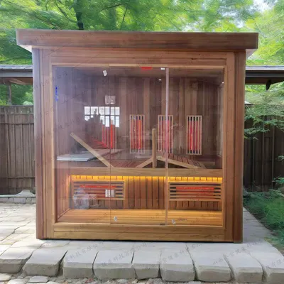 Triunity Engineered 4-Person Outdoor Square Sauna Room Cabin - Commercial Modular All-Weather Dry Heat Wooden House Architecture for Resort Hotel SPA Facility