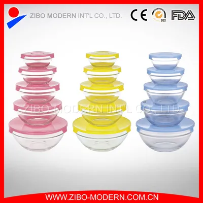 5 PCS Stackable Clear Round Glass Salad Bowl with Colorful Lid Set