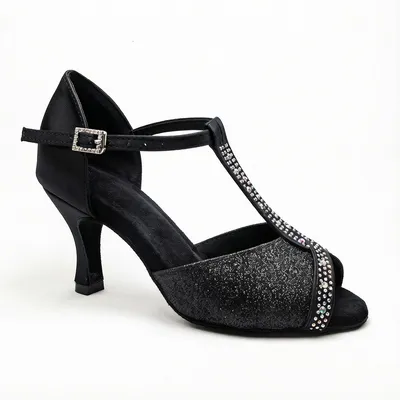 Fa-529 Black Rhinestone Latin Dance Shoes for Women, High-Heeled Indoor Social Dance Shoes