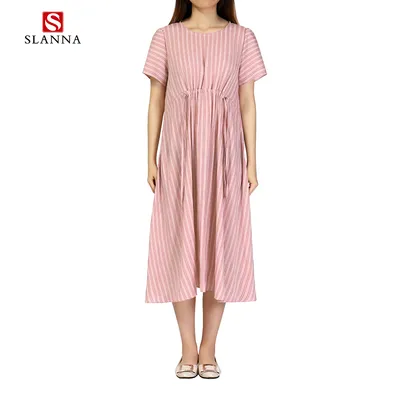 Cotton Linen Striped Plus Size O-Neck MIDI Dress with Bow