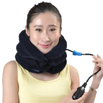 3 Layers Inflatable Cervical Traction Collar Velvet Soft Surface Manual Air Pump Neck Traction Device for Cervical Spondylosis Neck Pain Relief