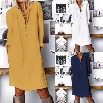 High-Quality Fashionable Women's Long-Sleeved Cotton and Linen Dress, Suitable for Daily Wear