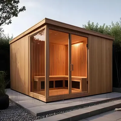 Custom Triunity Prefab 4 Person Dry Sauna Cabin Outdoor Cube Sauna Room for Lakeside Lodges & Resort Projects