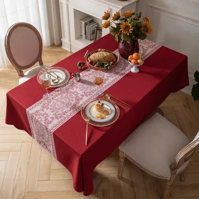 Tablecloth Linen Fabric 3D Embroidery Table Cover Wrinkle Free Anti-Fading Table Decoration for Kitchen Dining Room Christmas Red