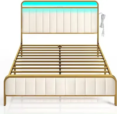 Bed Frame Full Size with Charging Station and LED Light, Upholstered Velvet Bed with Headboard Footboard, Heavy Duty Metal Slat