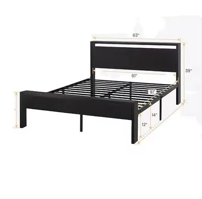 Stylish 14 Inch Queen Metal Bed Frame with Wooden Headboard