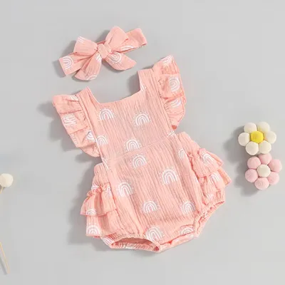 Infant Rainbow Print Fly Sleeve Ruffles Tie-up Backless Newborn Clothes Baby Girl Romper