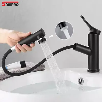 Sanipro Luxury Single Handle Stainless Steel Hot Cold Sprayer Bath Sink Mixer Taps Black Bathroom Tap Pull out Basin Faucet