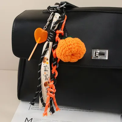Halloween Pumpkin Candy DIY Handwoven Braided Rope Bag Keychain Charm Accessory