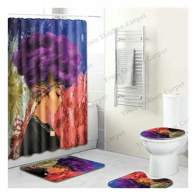Non Slip 4 Pieces Bath Mat Sets 3D Custom Logo Print Afro Shower Curtain