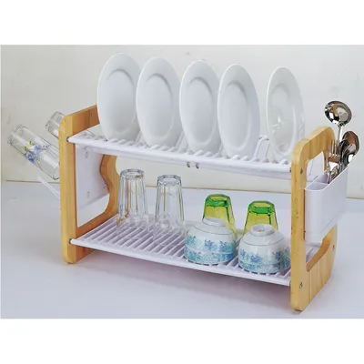 Modern Wood Handle Dish Drying Rack with Full-Mesh Storage Basket, Removable Cutlery Tray