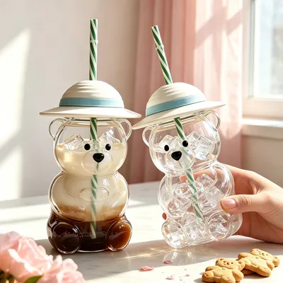 Cute Bear Shaped Glass Tumbler with Straw Hat for Drinking Coffee