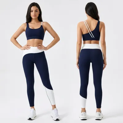 Wholesale Price New Trends Summer Breathable Quick Dry Elastic Waist Women 2 Piece Color Blocking Yoga Set