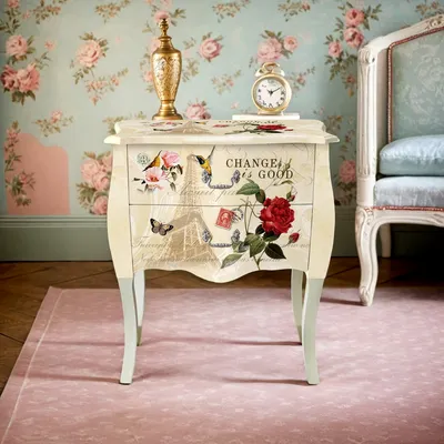 2 Drawer Nightstand with Leather Printing Finish, Vintage Dresser with Eiffel Tower Design, MDF Wood for Bedroom, Bedside Table