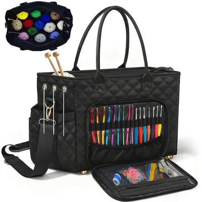 Multi Compartment Knitting Tote for Crochet Lovers, Large Portable Crochet Bag with Needle Pockets