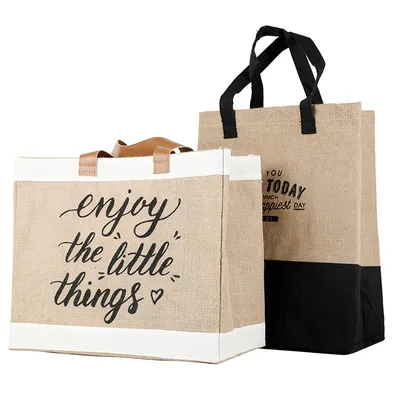 Wholesale Cheap Hot Sale Reusable Custom Logo Printed Grocery Shopping with Leather Handle Large Burlap Tote Jute Bag
