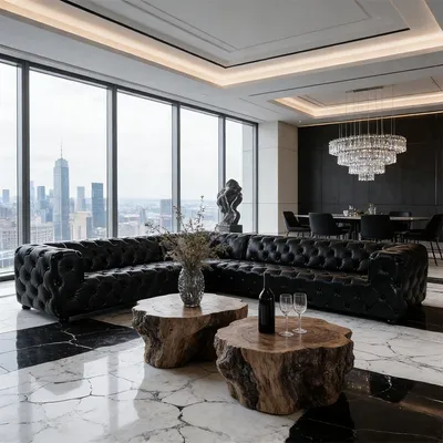 Luxurious Top Grain Leather Black Chesterfield Living Room Sofa with Wooden Frame