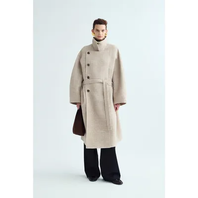 Custom Ladies Oversized Long Double-Faced Wool Coat, Asymmetrical Double Breasted Stand Collar Wool Overcoat with Belt