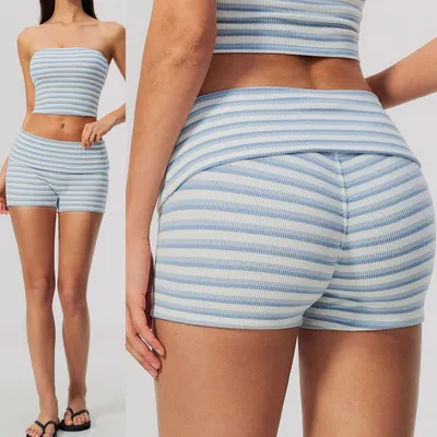 Women Striped Ribbed Biker Shorts, Fold Over Waist Yoga Shorts, High Waist Butt Lifting Workout Shorts, Vintage Stripe Pattern