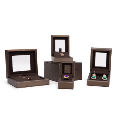 New PU Leather Wooden Box Transparent Skylight Ring Necklace Earrings Jewellery Display Box Jewellery Set Wooden Box