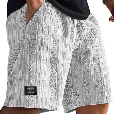 Men Textured Jacquard Knit Drawstring Elastic Waist Casual Shorts