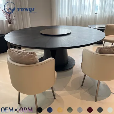 Modern Large Round Dining Table with Built-in Turntable Dark Solid Wood Dining Table