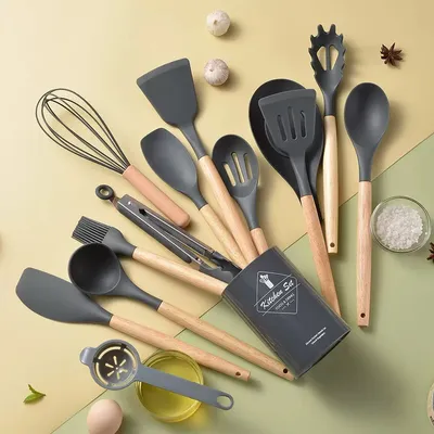 2025 Colorful Wood Handle Silicone Kitchen Tool Set Whisk Cake Spatula