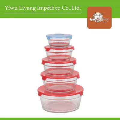 5 Piece Glass Storage Bowl Set Round Bowl with PP Cover