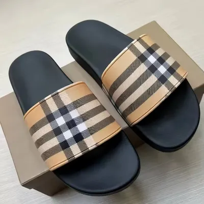 Check Pattern Sandals Beige Black Woven Strap Slip on Summer Casual Sandals