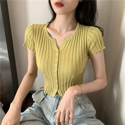 Slim Fit Cropped Top Knit Soft Casual Sexy Short Sleeve Ladies T-Shirt