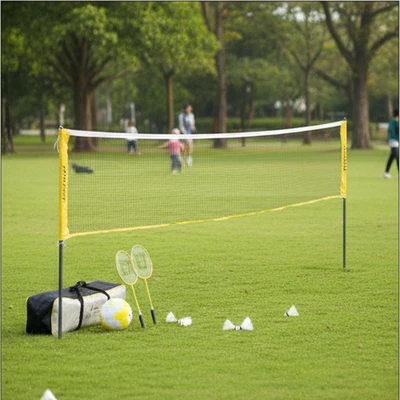 Complete Sports Set with Net, Rackets, Shuttlecocks, Volleyball, and Pump